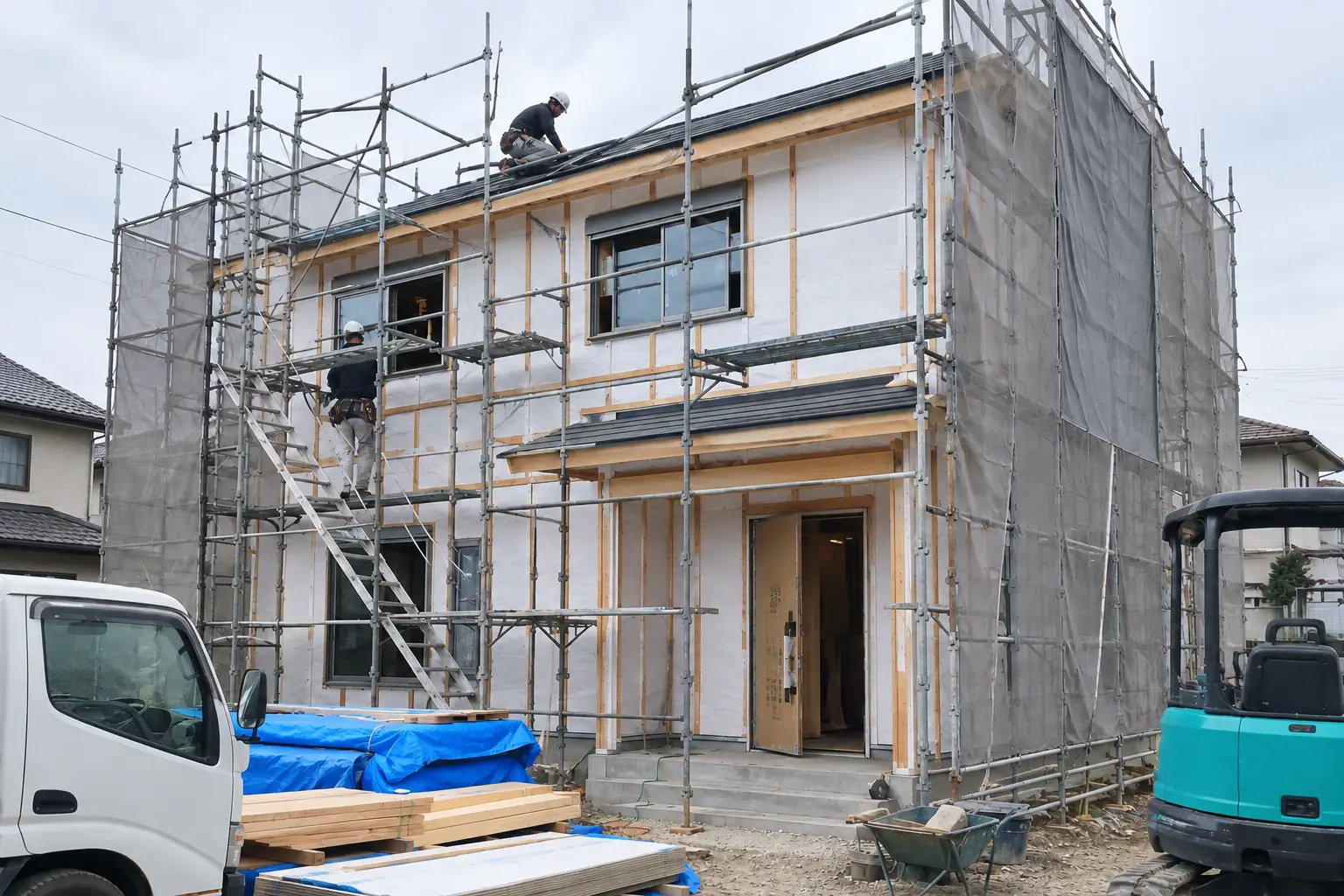 足場が組まれた新築住宅の建築現場