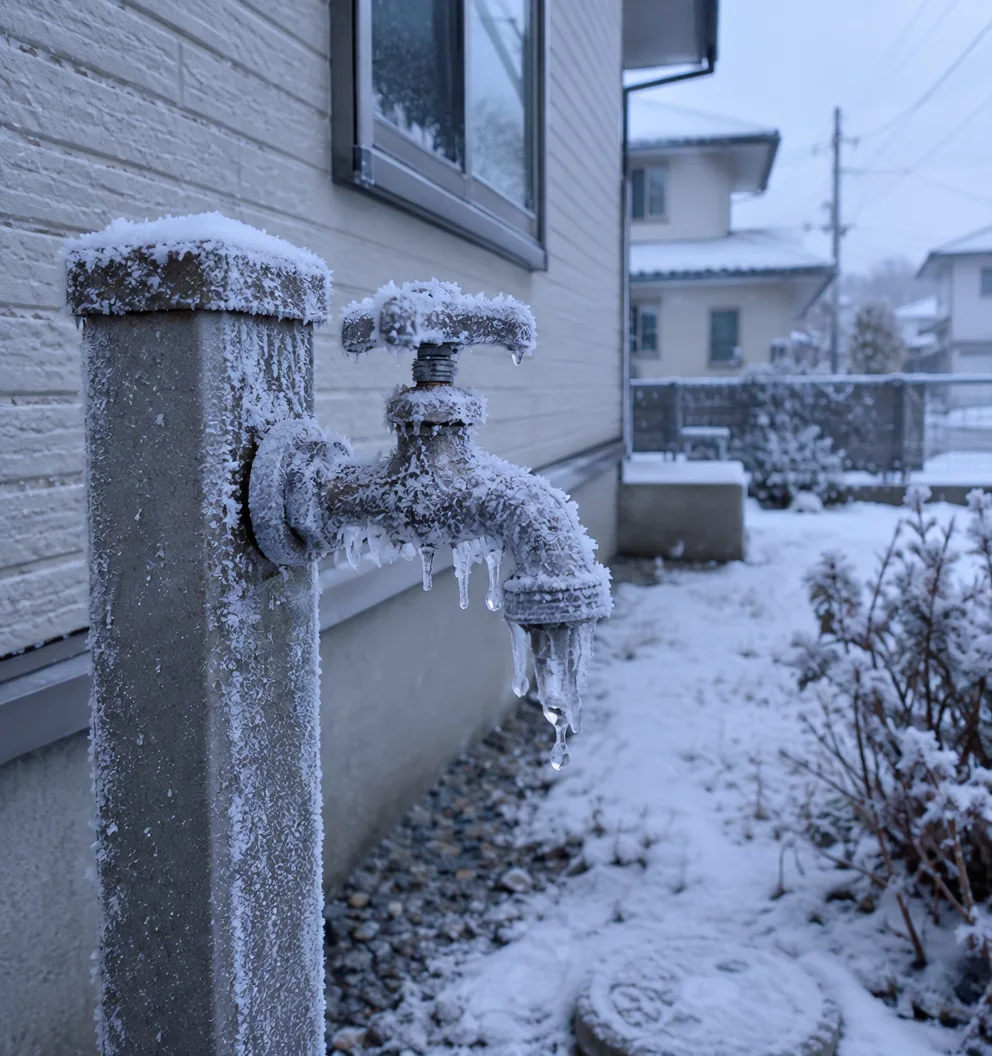 雪の朝に霜がつき、つららができた住宅の屋外の立水栓